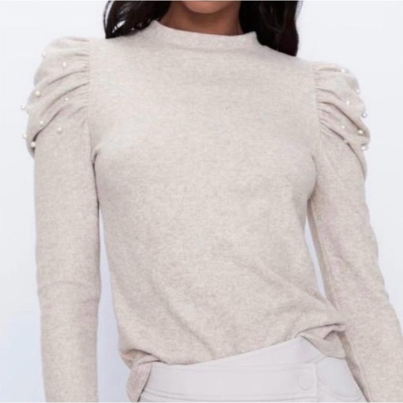Zara Soft Balloon Shoulder Pearl Detail Sweater Oatmeal Size Small - Picture 7 of 7